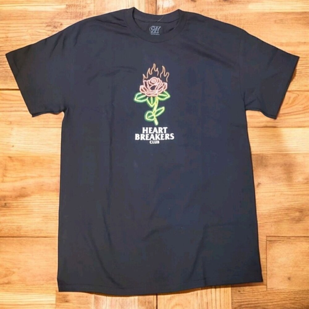Heartbreakers Club T-shirt Men's Medium Black Rose Flames Streetwear‎ Cotton NWT